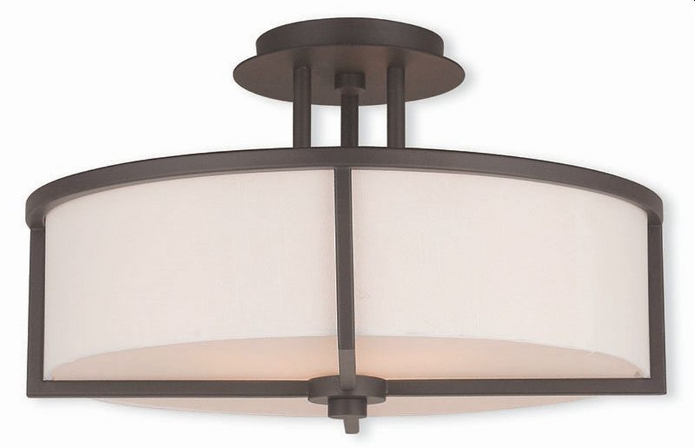 Livex Lighting-51074-07-Wesley - 3 Light Semi-Flush Mount in Wesley Style - 16 Inches wide by 9.25 Inches high Bronze  Brushed Nickel Finish with Off-White Fabric Shade