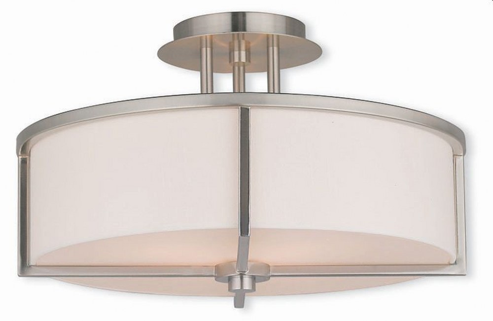 Livex Lighting-51074-91-Wesley - 3 Light Semi-Flush Mount in Wesley Style - 16 Inches wide by 9.25 Inches high Brushed Nickel  Brushed Nickel Finish with Off-White Fabric Shade