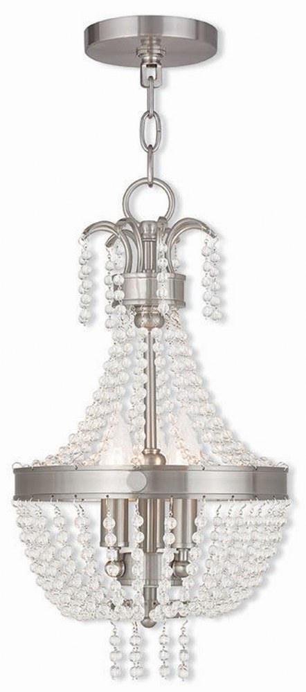 Livex Lighting-51853-91-Valentina - 3 Light Pendant in Valentina Style - 10 Inches wide by 18.5 Inches high Brushed Nickel  Brushed Nickel Finish with Clear Crystal