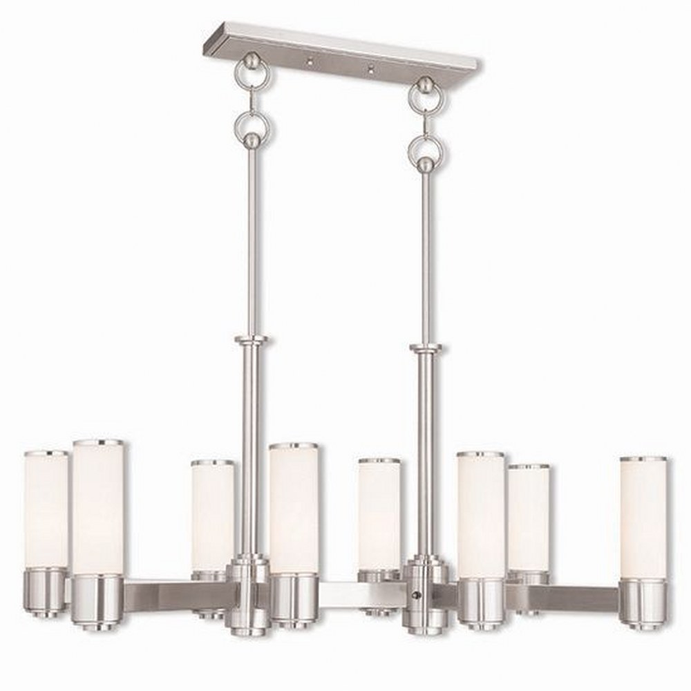 Livex Lighting-52108-91-Weston - 8 Light Linear Chandelier in Weston Style - 17.5 Inches wide by 19.75 Inches high Brushed Nickel Brushed Nickel Finish with Satin Opal White Glass