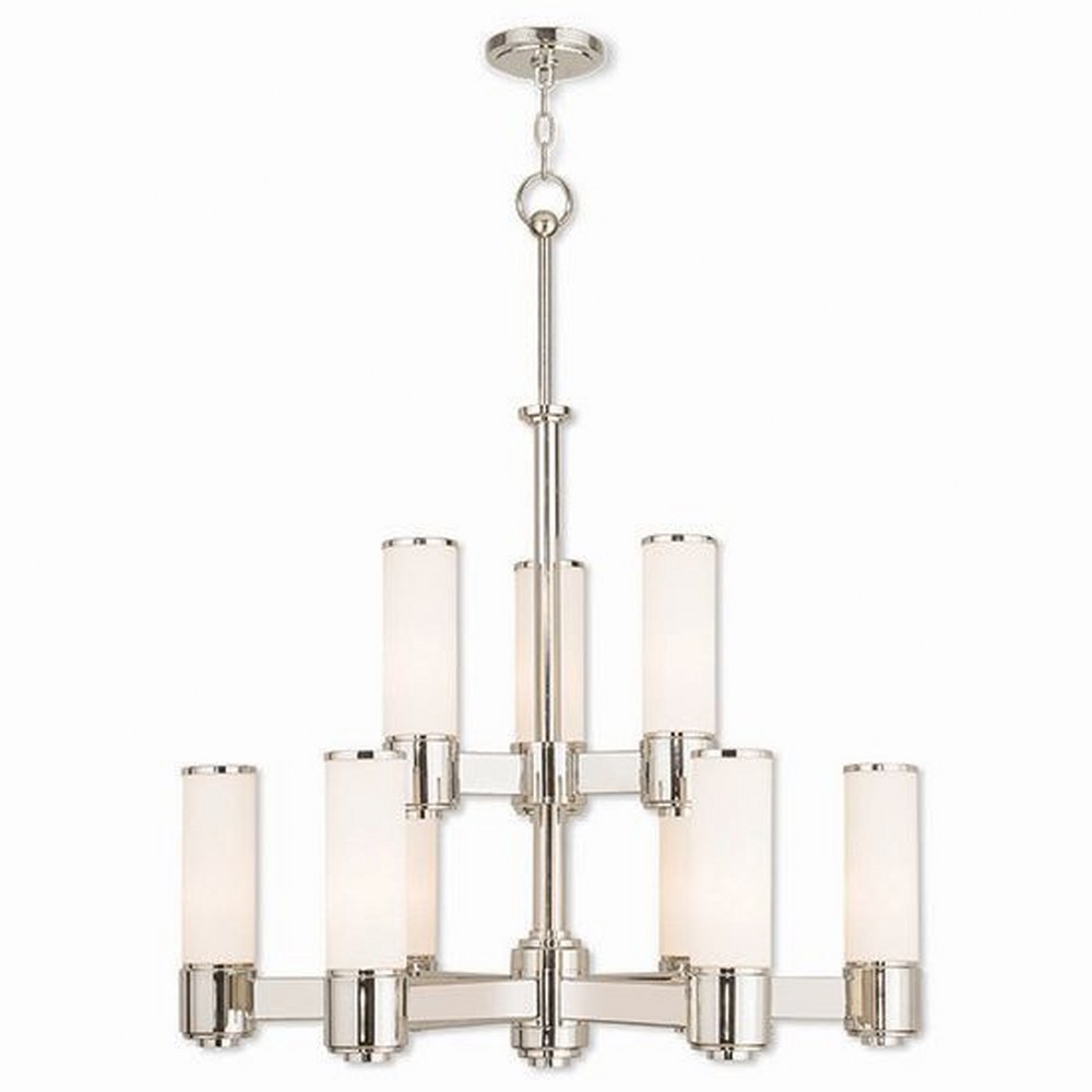 Livex Lighting-52109-35-Weston - 9 Light Chandelier in Weston Style - 28 Inches wide by 26.5 Inches high Polished Nickel Brushed Nickel Finish with Satin Opal White Glass