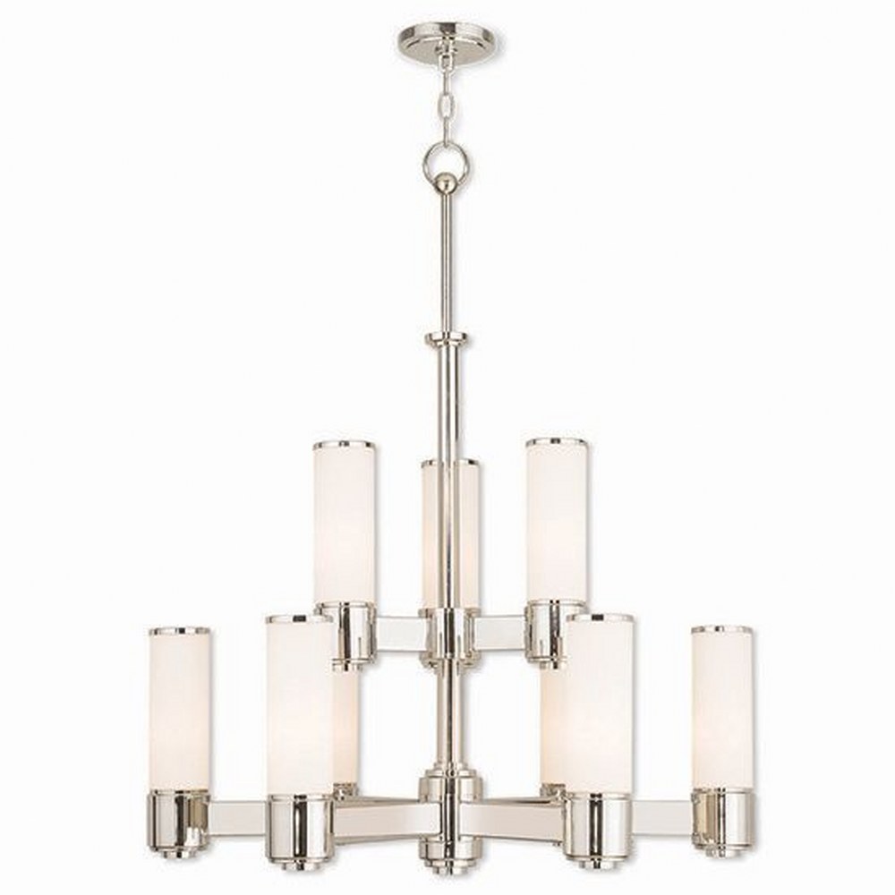 Livex Lighting-52109-35-Weston - 9 Light Chandelier in Weston Style - 28 Inches wide by 26.5 Inches high Polished Nickel  Brushed Nickel Finish with Satin Opal White Glass