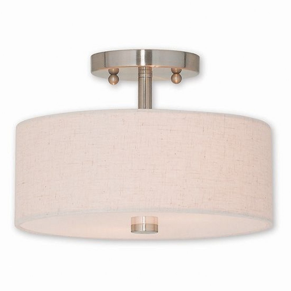 Livex Lighting-52133-91-Meridian - 2 Light Semi-Flush Mount in Meridian Style - 11 Inches wide by 7.5 Inches high Brushed Nickel  English Bronze Finish with Oatmeal Fabric Shade