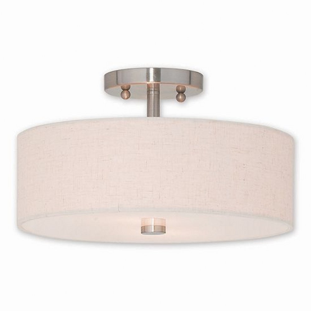 Livex Lighting-52134-91-Meridian - 2 Light Semi-Flush Mount in Meridian Style - 13 Inches wide by 7.5 Inches high Brushed Nickel  English Bronze Finish with Oatmeal Fabric Shade