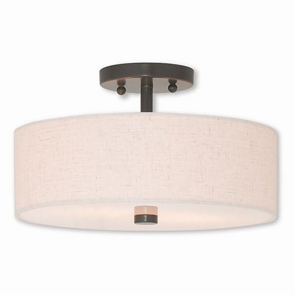 Livex Lighting-52134-92-Meridian - 2 Light Semi-Flush Mount in Meridian Style - 13 Inches wide by 7.5 Inches high English Bronze  English Bronze Finish with Oatmeal Fabric Shade