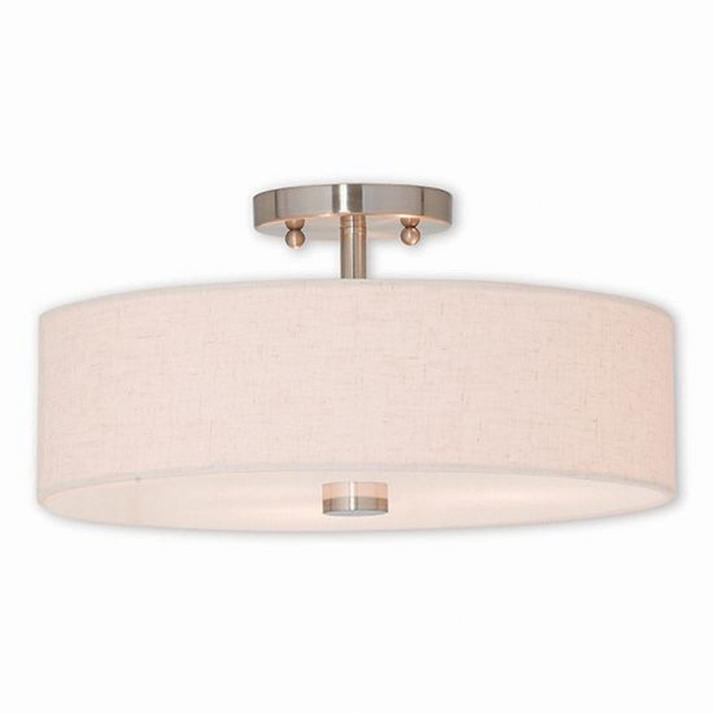 Livex Lighting-52135-91-Meridian - 3 Light Semi-Flush Mount in Meridian Style - 15 Inches wide by 8.13 Inches high Brushed Nickel  English Bronze Finish with Oatmeal Fabric Shade