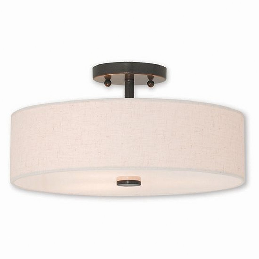 Livex Lighting-52135-92-Meridian - 3 Light Semi-Flush Mount in Meridian Style - 15 Inches wide by 8.13 Inches high English Bronze  English Bronze Finish with Oatmeal Fabric Shade