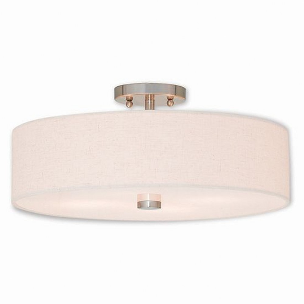 Livex Lighting-52136-91-Meridian - 4 Light Semi-Flush Mount in Meridian Style - 18 Inches wide by 8.13 Inches high Brushed Nickel  English Bronze Finish with Oatmeal Fabric Shade