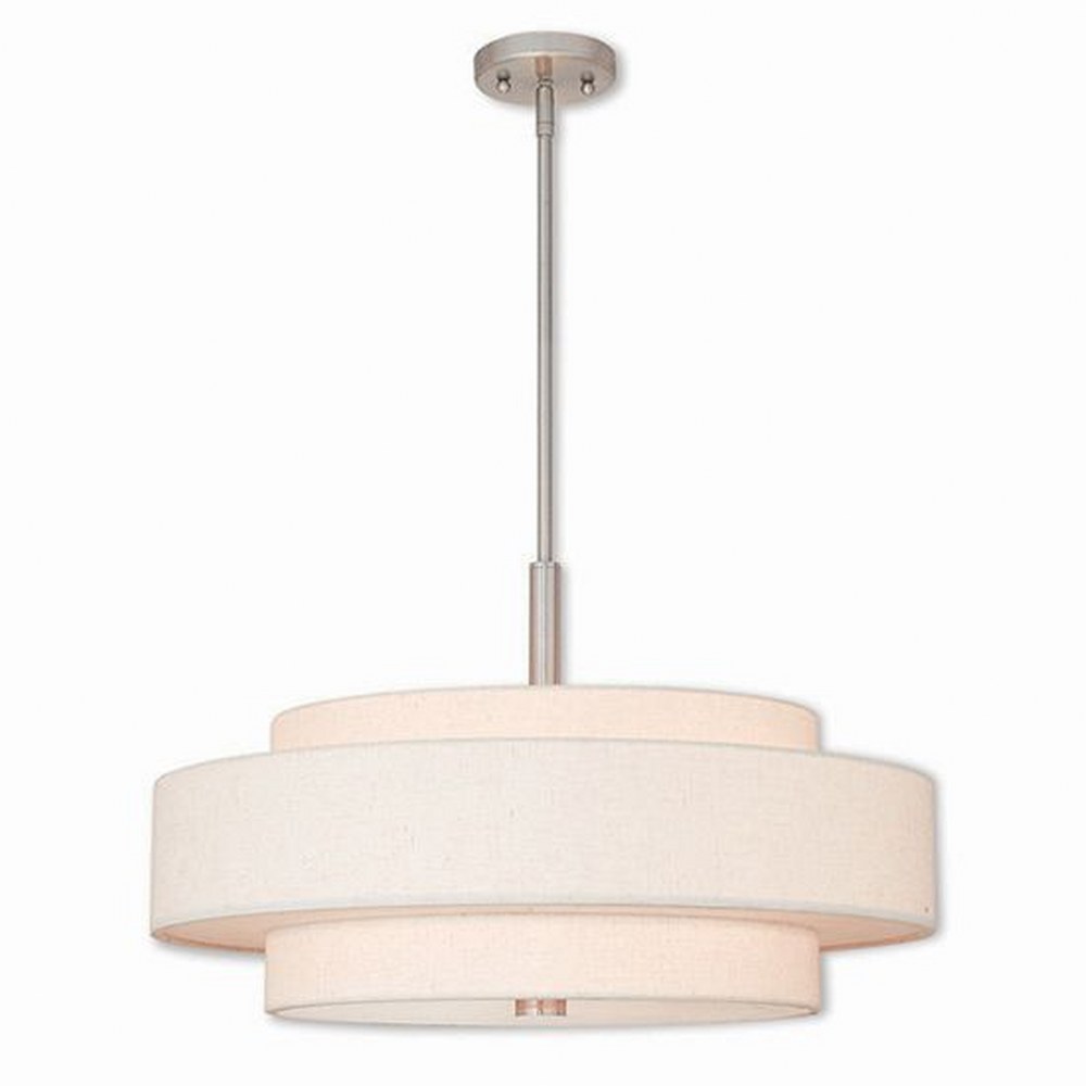 Livex Lighting-52138-91-Monroe - 5 Light Pendant In Timeless Style-17 Inches Tall and 24 Inches Wide Brushed Nickel  English Bronze Finish with Oatmeal Fabric Shade