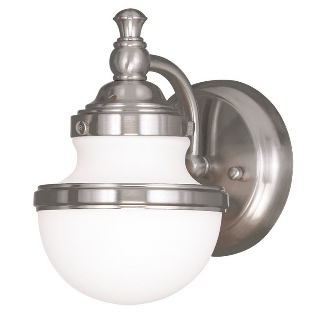 Livex Lighting-5711-91-Oldwick - 1 Light Wall Sconce in Oldwick Style - 5.5 Inches wide by 8.25 Inches high Brushed Nickel  Brushed Nickel Finish with Satin Opal White Glass