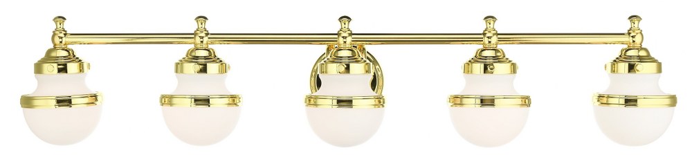 Livex Lighting-5715-02-Oldwick - 5 Light Bath Vanity in Oldwick Style - 42.5 Inches wide by 8.25 Inches high   Polished Brass Finish with Satin Opal White Glass