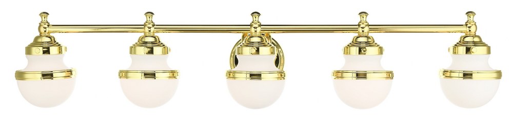 Livex Lighting-5715-02-Oldwick - 5 Light Bath Vanity in Oldwick Style - 42.5 Inches wide by 8.25 Inches high Polished Brass  Brushed Nickel Finish with Satin Opal White Glass