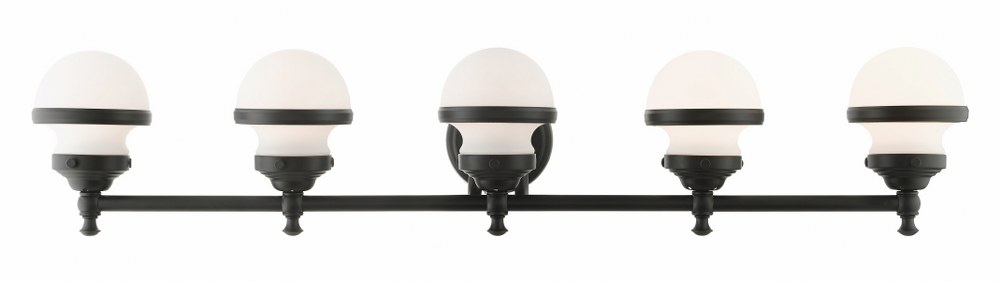 Livex Lighting-5715-04-Oldwick - 5 Light Bath Vanity in Oldwick Style - 42.5 Inches wide by 8.25 Inches high   Black Finish with Satin Opal White Glass