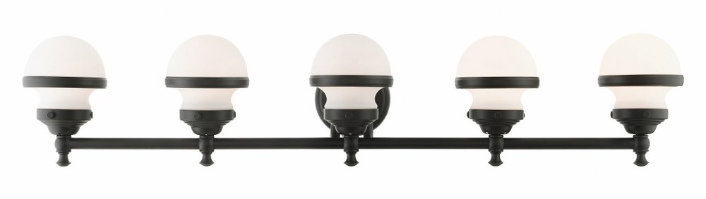 Livex Lighting-5715-04-Oldwick - 5 Light Bath Vanity in Oldwick Style - 42.5 Inches wide by 8.25 Inches high Black  Brushed Nickel Finish with Satin Opal White Glass