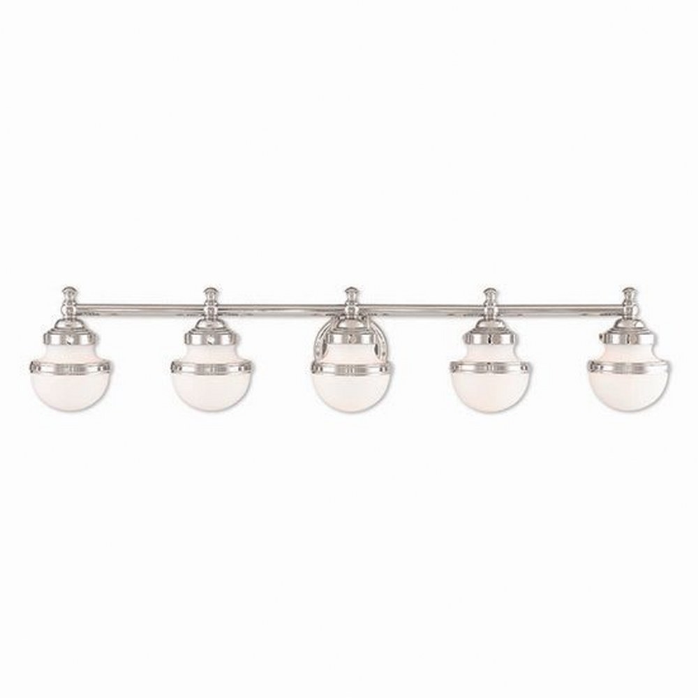 Livex Lighting-5715-05-Oldwick - 5 Light Bath Vanity in Oldwick Style - 42.5 Inches wide by 8.25 Inches high Polished Chrome  Brushed Nickel Finish with Satin Opal White Glass