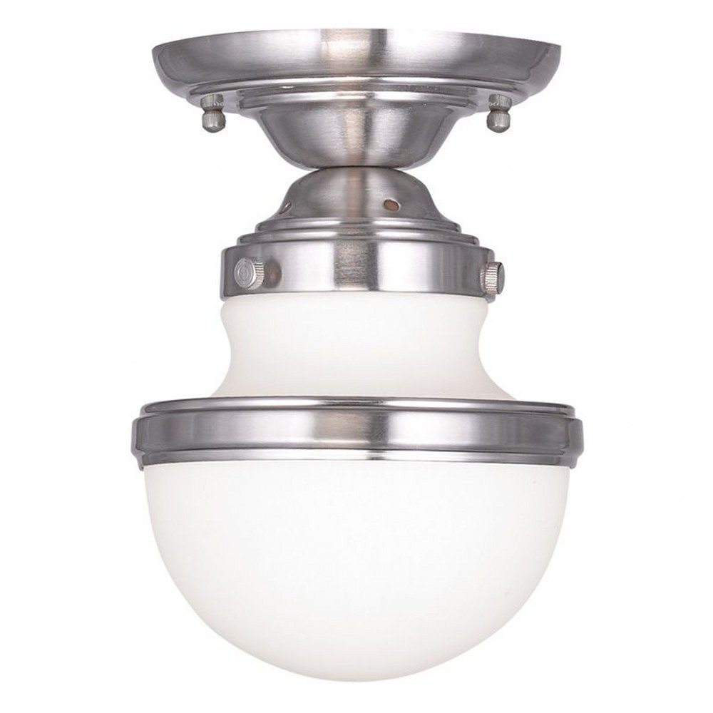 Livex Lighting-5720-91-Oldwick - 1 Light Flush Mount in Oldwick Style - 5.5 Inches wide by 8 Inches high   Brushed Nickel Finish with Satin Opal White Glass