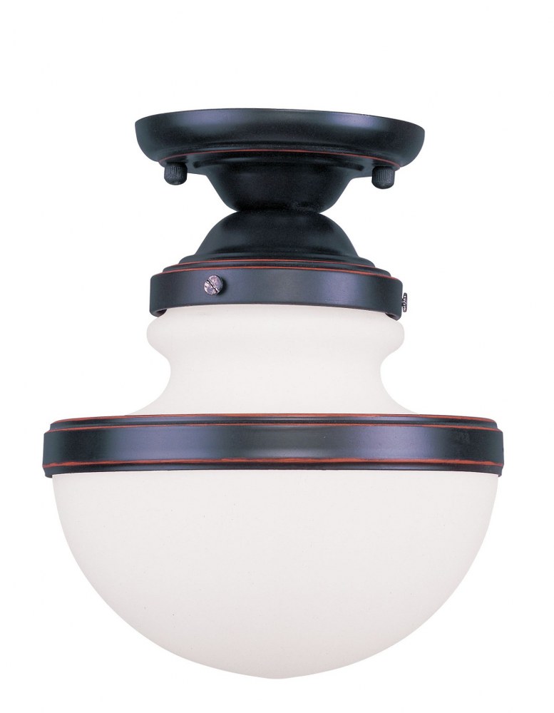 Livex Lighting-5721-67-Oldwick - 1 Light Flush Mount in Oldwick Style - 8 Inches wide by 9.5 Inches high Olde Bronze  Brushed Nickel Finish with Satin Opal White Glass