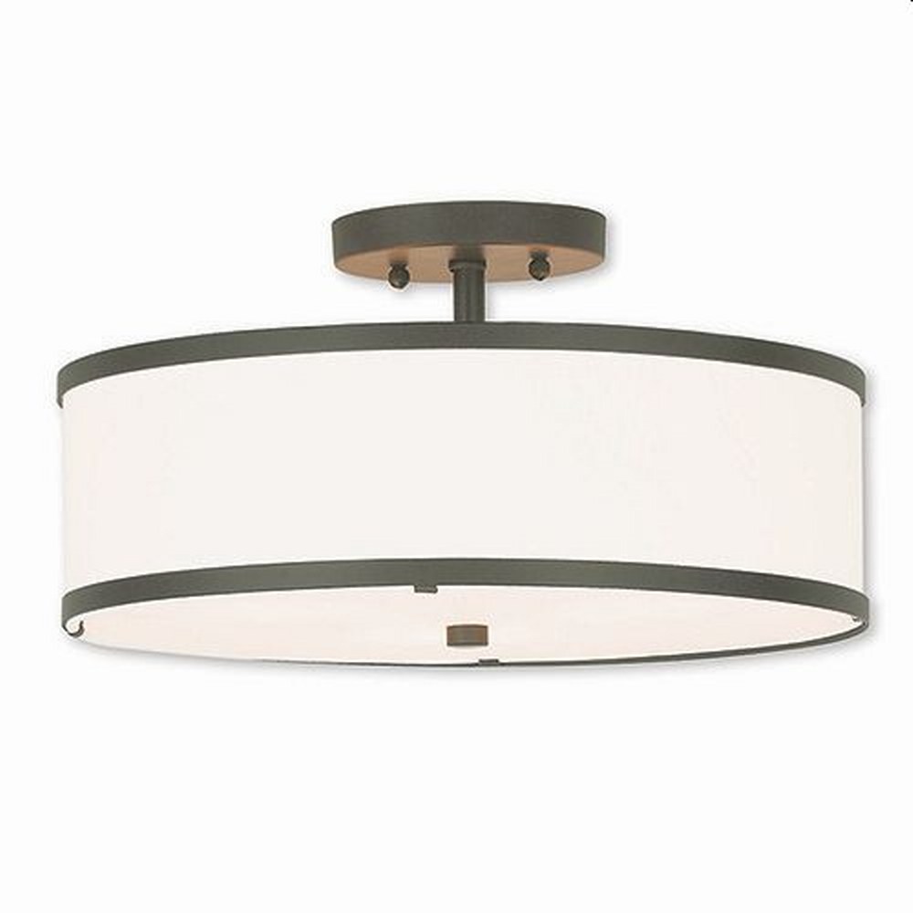 Livex Lighting-62628-07-Park Ridge - 3 Light Semi-Flush Mount in Park Ridge Style - 15 Inches wide by 8 Inches high Bronze  Brushed Nickel Finish with Off-White Fabric Shade