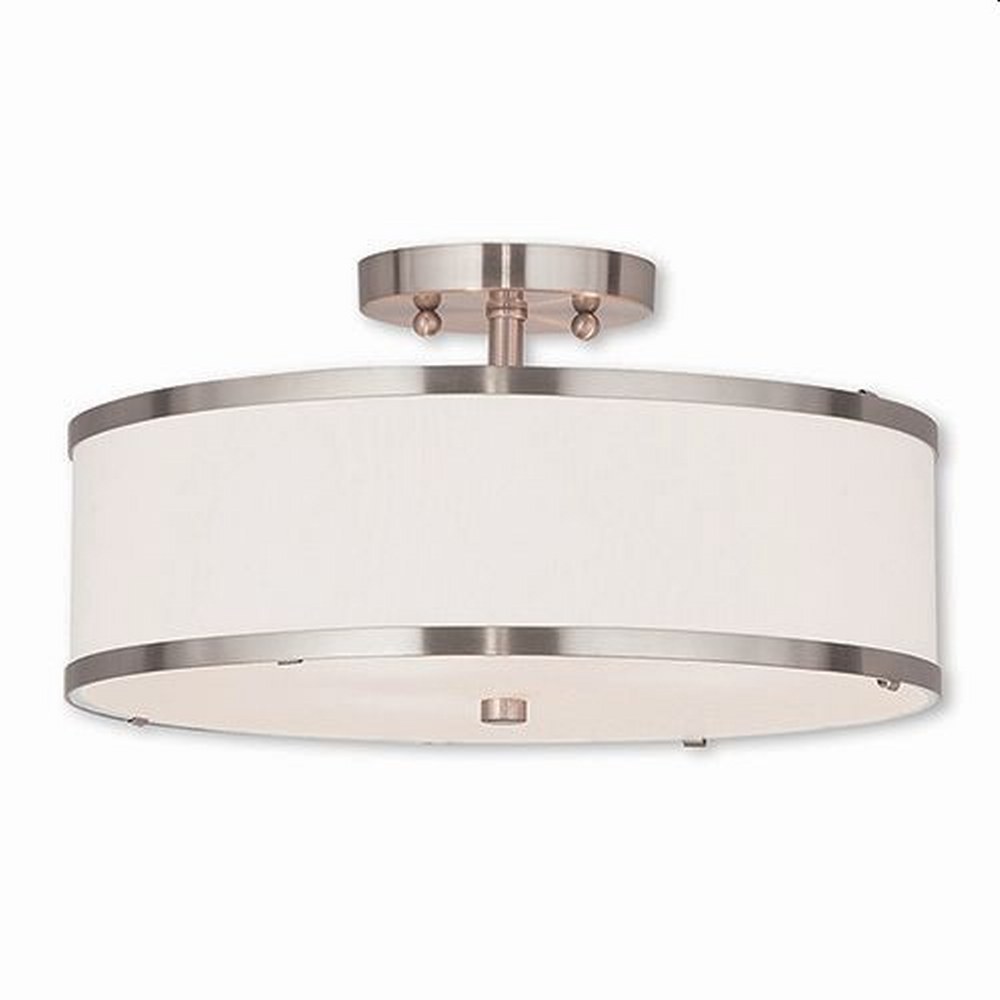 Livex Lighting-62628-91-Park Ridge - 3 Light Semi-Flush Mount in Park Ridge Style - 15 Inches wide by 8 Inches high Brushed Nickel  Brushed Nickel Finish with Off-White Fabric Shade