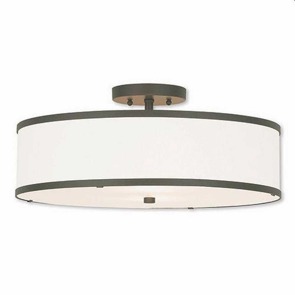 Livex Lighting-62629-07-Park Ridge - 3 Light Semi-Flush Mount in Park Ridge Style - 18 Inches wide by 8 Inches high Bronze  Brushed Nickel Finish with Off-White Fabric Shade