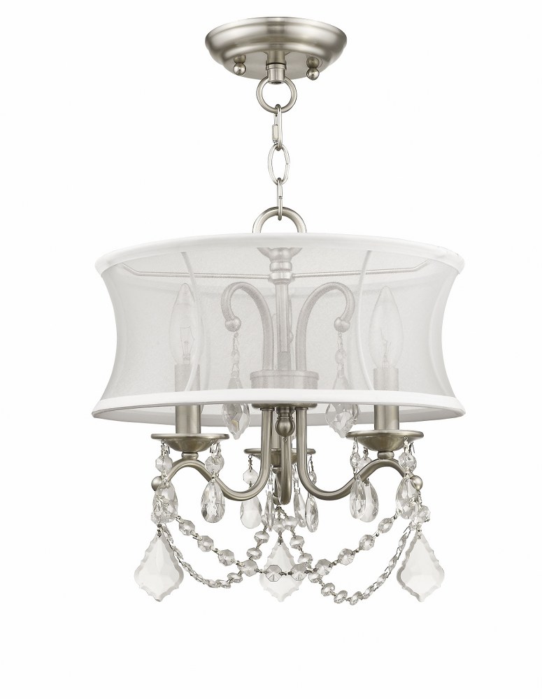 Livex Lighting-6303-91-Newcastle - 3 Light Convertible Mini Chandelier in Newcastle Style - 13 Inches wide by 16.5 Inches high Brushed Nickel  Brushed Nickel Finish with Off White Silk Shimmer Shade