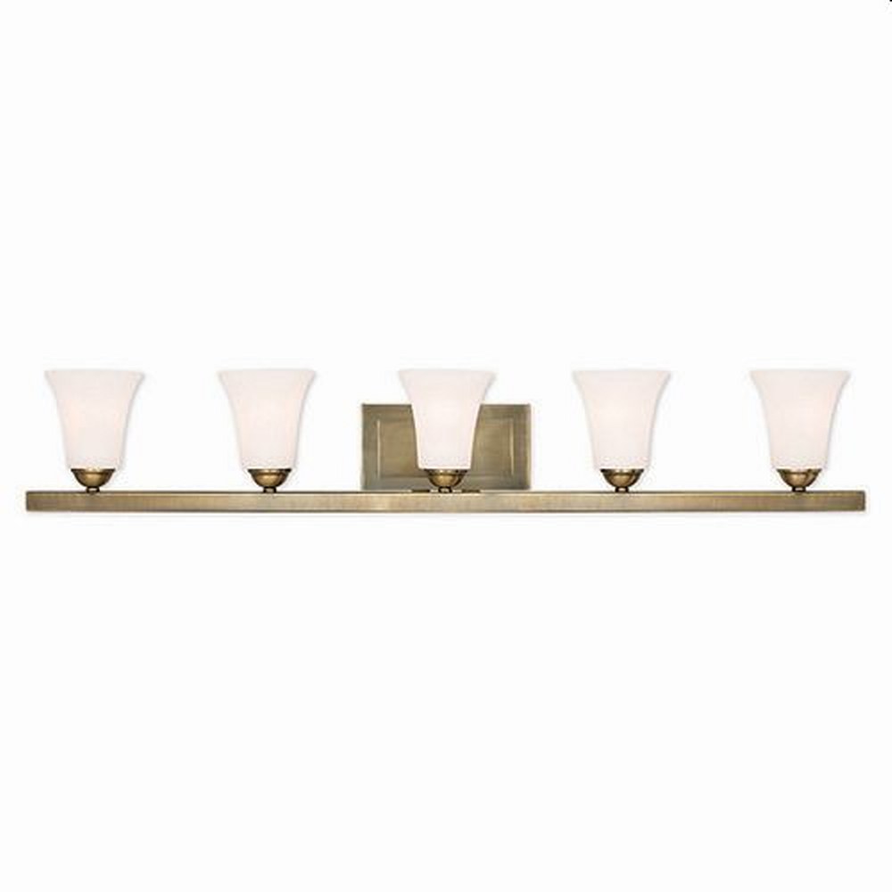 Livex Lighting-6485-01-Ridgedale - 5 Light Bath Vanity in Ridgedale Style - 43.25 Inches wide by 7 Inches high Antique Brass Brushed Nickel Finish with Satin Opal White Glass