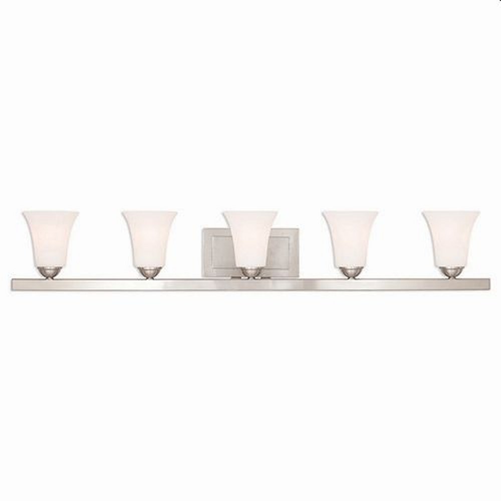 Livex Lighting-6485-91-Ridgedale - 5 Light Bath Vanity in Ridgedale Style - 43.25 Inches wide by 7 Inches high Brushed Nickel Brushed Nickel Finish with Satin Opal White Glass