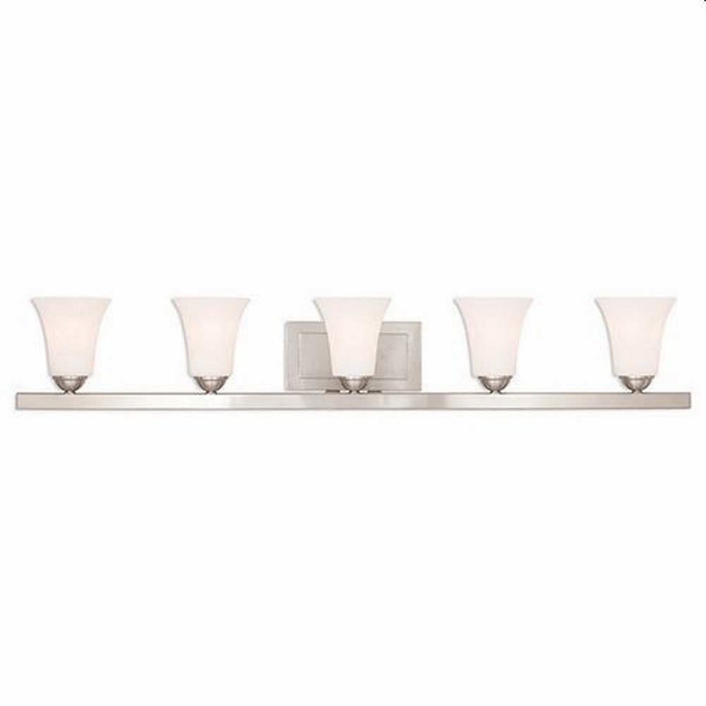 Livex Lighting-6485-91-Ridgedale - 5 Light Bath Vanity in Ridgedale Style - 43.25 Inches wide by 7 Inches high Brushed Nickel  Brushed Nickel Finish with Satin Opal White Glass