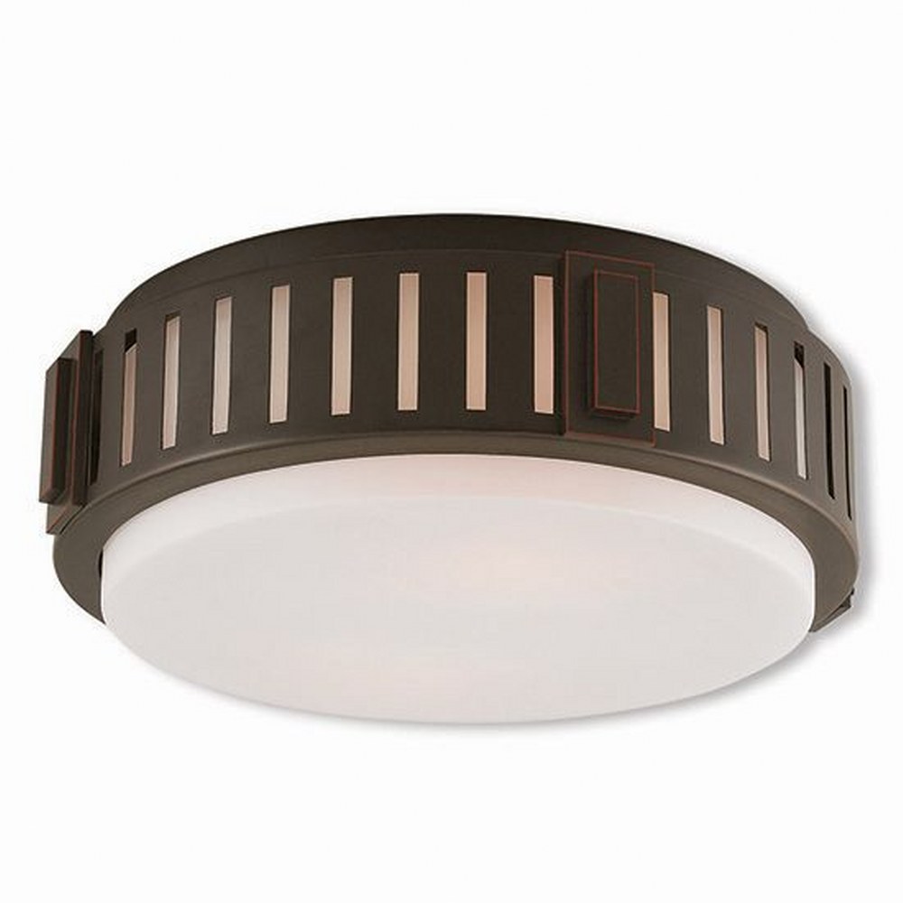 Livex Lighting-65512-67-Portland - 2 Light Flush Mount in Portland Style - 13 Inches wide by 4.5 Inches high Olde Bronze  Brushed Nickel Finish with Satin Opal White Glass