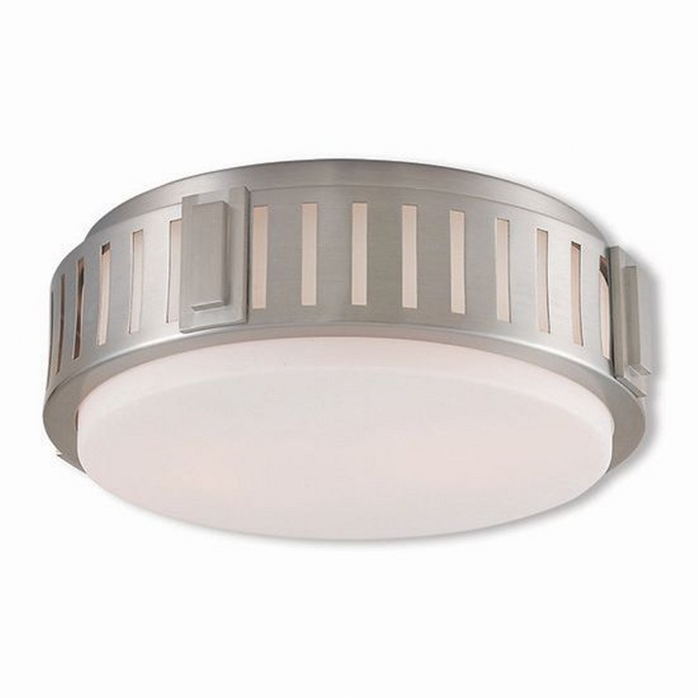 Livex Lighting-65512-91-Portland - 2 Light Flush Mount in Portland Style - 13 Inches wide by 4.5 Inches high Brushed Nickel  Brushed Nickel Finish with Satin Opal White Glass