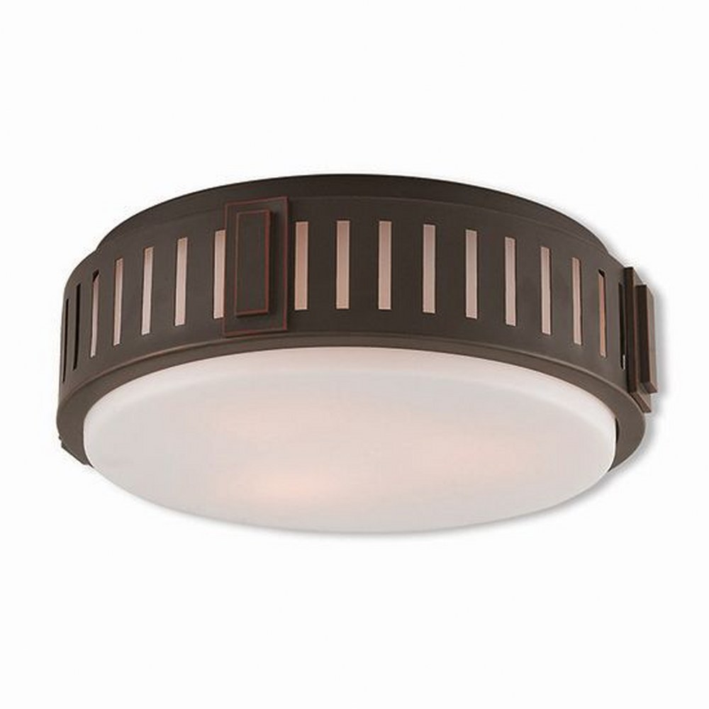 Livex Lighting-65513-67-Portland - 3 Light Flush Mount in Portland Style - 15 Inches wide by 5.25 Inches high Olde Bronze  Brushed Nickel Finish with Satin Opal White Glass