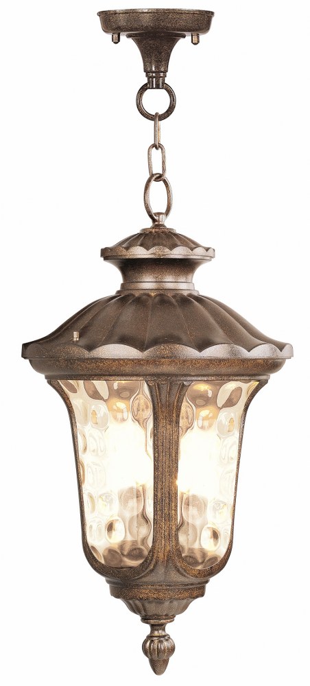 Livex Lighting-7665-50-Oxford - 3 Light Outdoor Pendant Lantern in Oxford Style - 13.75 Inches wide by 26 Inches high   Moroccan Gold Finish with Light Amber Water Glass