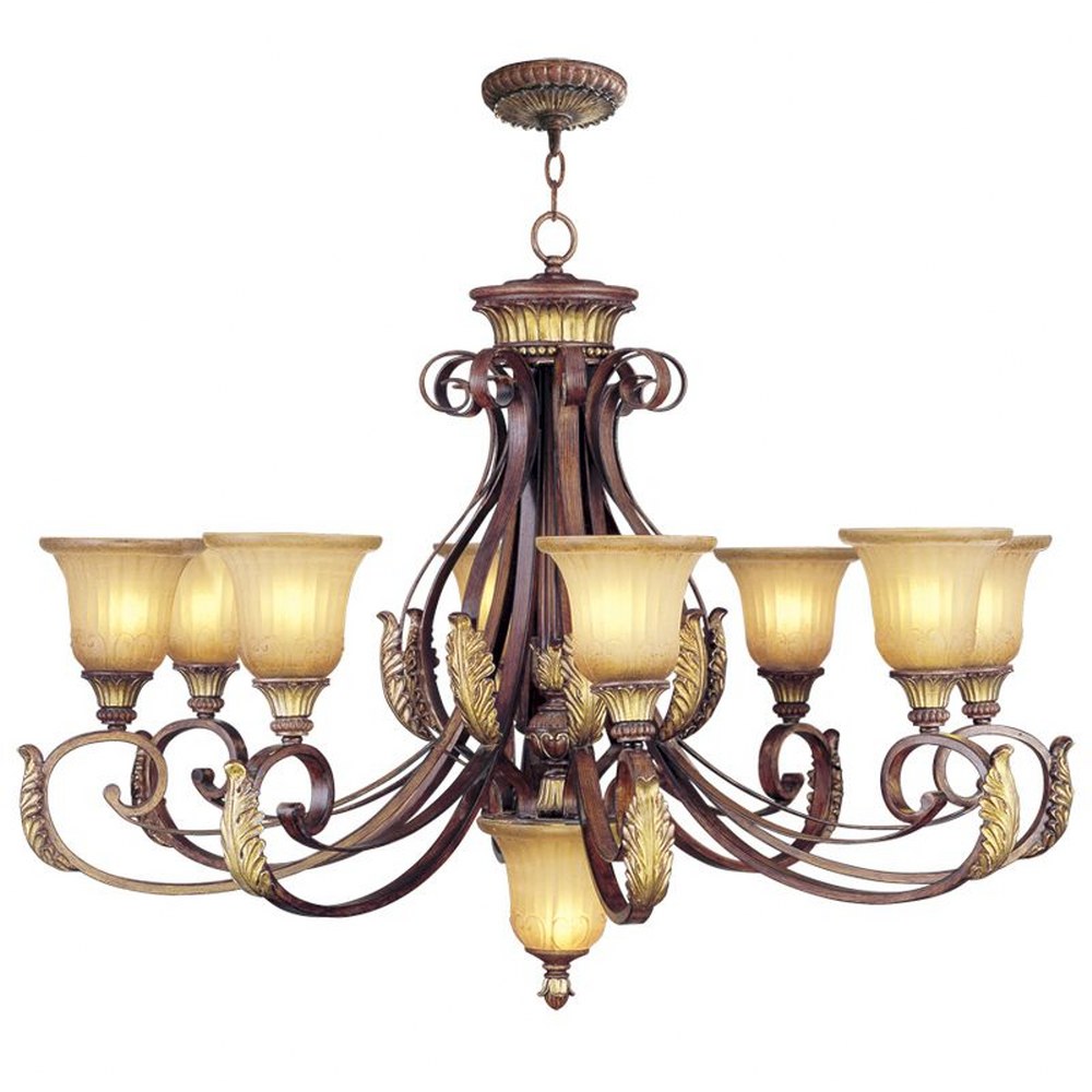 Livex Lighting-8586-63-Villa Verona - 9 Light Chandelier in Villa Verona Style - 40 Inches wide by 30.5 Inches high   Verona Bronze/Aged Gold Leaf Finish with Rustic Art Glass