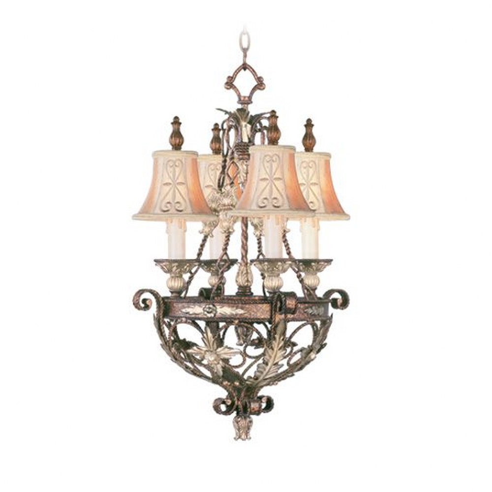 Livex Lighting-8844-64-Pomplano - 4 Light Chandelier in Pomplano Style - 17.5 Inches wide by 28.5 Inches high   Palacial Bronze/Gilded Finish with Hand Embroidered Shade