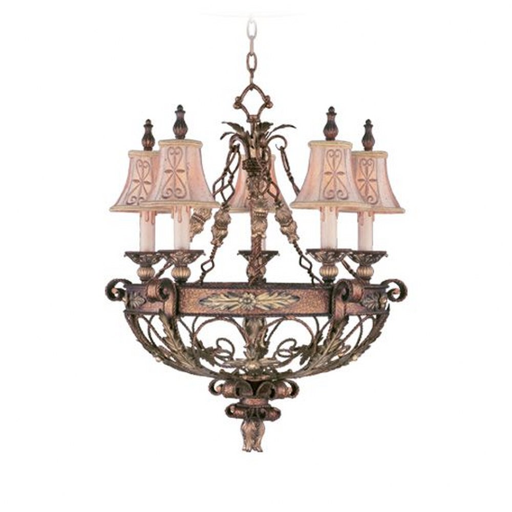 Livex Lighting-8845-64-Pomplano - 5 Light Chandelier in Pomplano Style - 26 Inches wide by 28 Inches high   Palacial Bronze/Gilded Finish with Hand Embroidered Shade