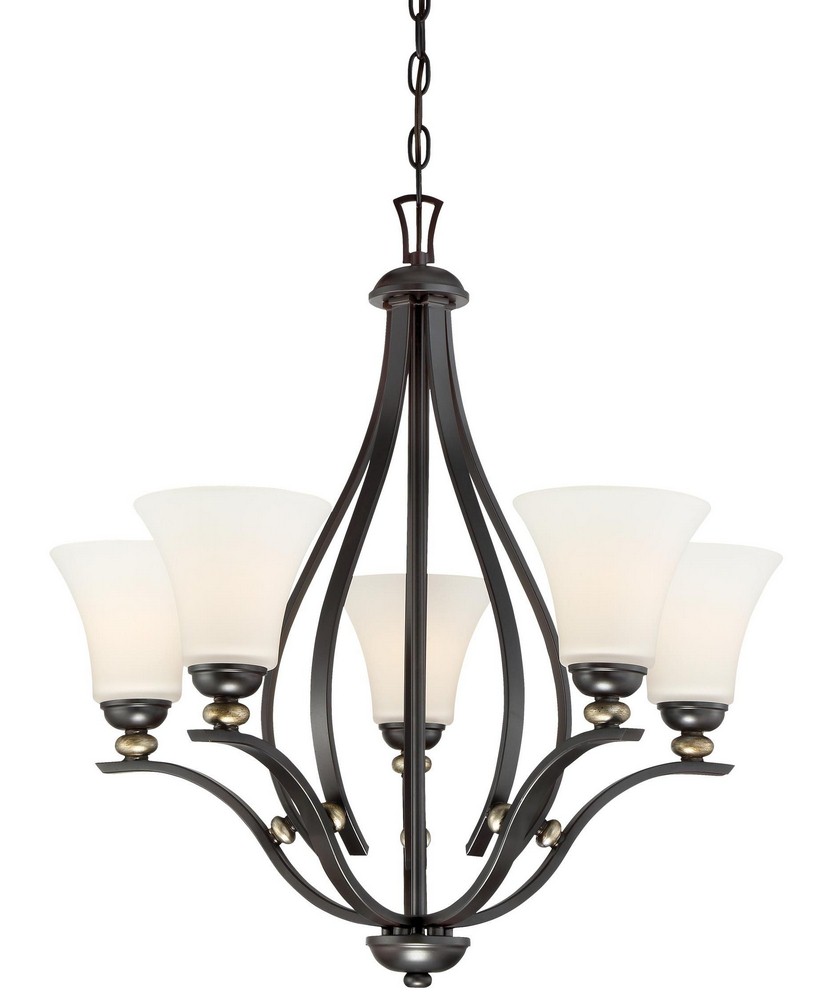 Minka Lavery-3285-589-Shadowglen - Chandelier 5 Light Lathan Bronze/Gold in Transitional Style - 26.5 inches tall by 26.25 inches wide   Lathan Bronze/Gold Finish with Etched White Glass