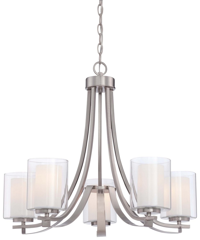 Minka Lavery-4105-84-Parsons Studio - Chandelier 5 Light Sand Coal Steel/Glass in Transitional Style - 23 inches tall by 25.5 inches wide   Brushed Nickel Finish with Etched White Glass