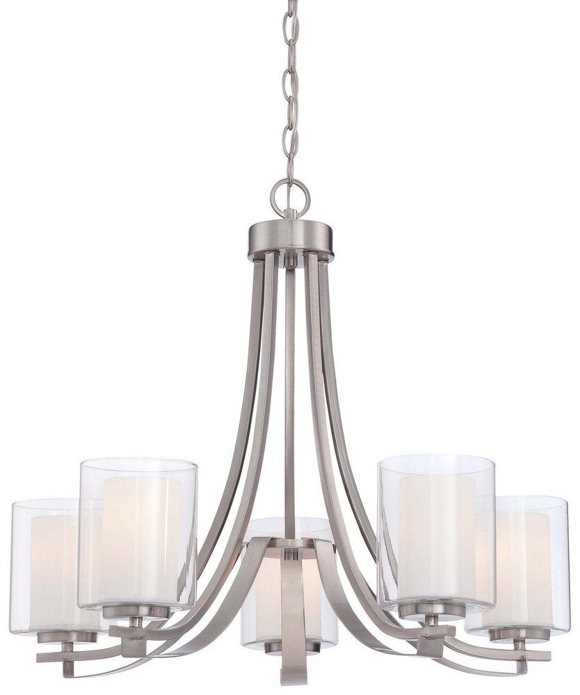 Minka Lavery-4105-84-Parsons Studio - Chandelier 5 Light Sand Coal Steel/Glass in Transitional Style - 23 inches tall by 25.5 inches wide Brushed Nickel  Brushed Nickel Finish with Etched White Glass