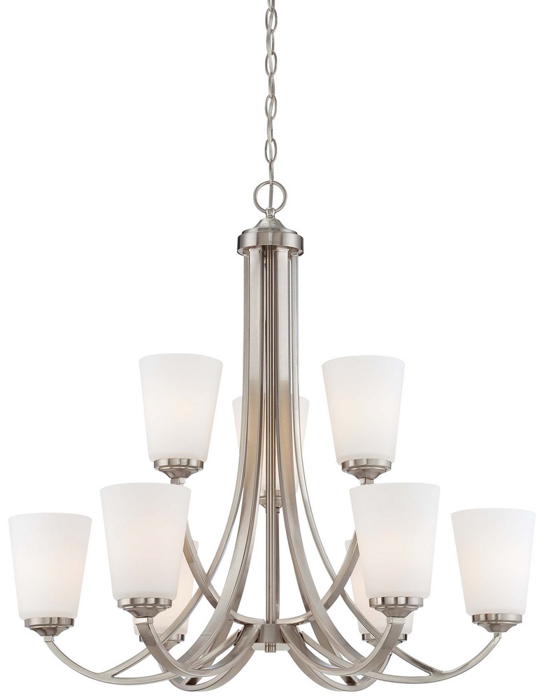 Minka Lavery-4969-84-Overland Park - Chandelier 9 Light Brushed Nickel in Transitional Style - 29.25 inches tall by 30 inches wide Brushed Nickel  Brushed Nickel Finish with Etched White Glass