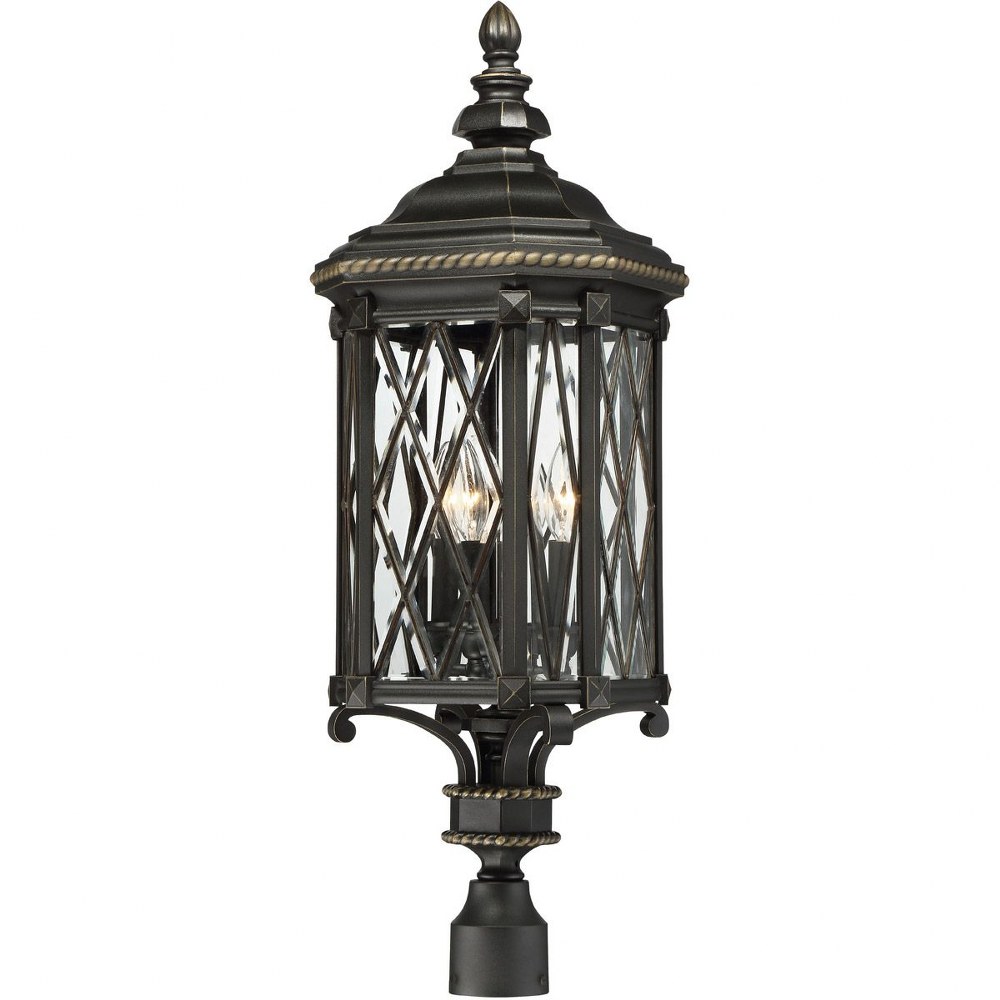 Minka Lavery-9326-585-Bexley Manor - 4 Light Outdoor Post Lantern in Traditional Style - 32.5 inches tall by 11 inches wide   Black/Gold Finish with Clear Beveled Glass