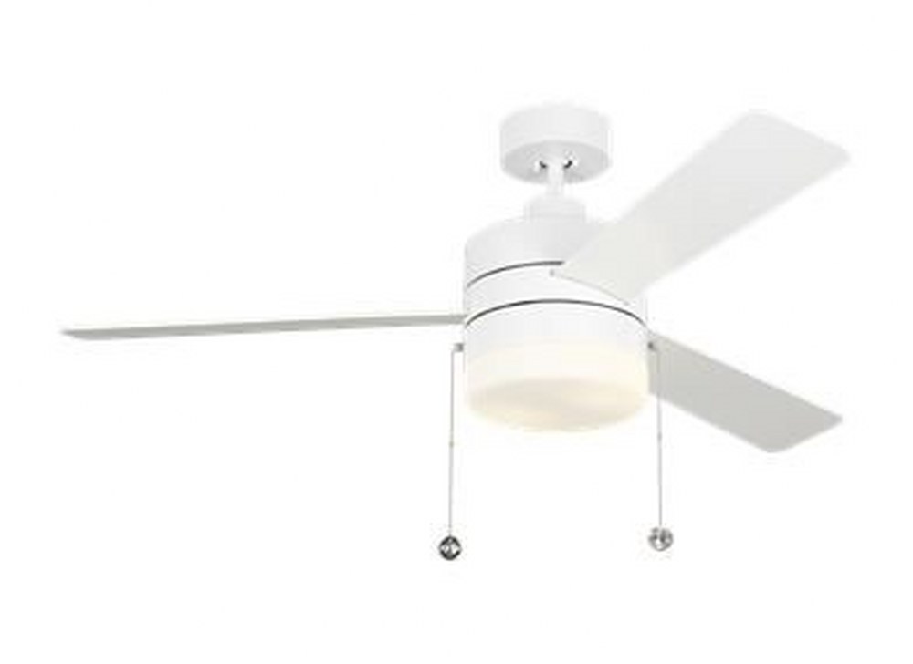 Monte Carlo Fans-3SY52RZWD-Syrus 3 Blade 52 Inch Ceiling Fan with Pull Chain Control and Includes Light Kit Matte White  Brushed Steel Finish with Silver Blade Finish with Frosted White Glass