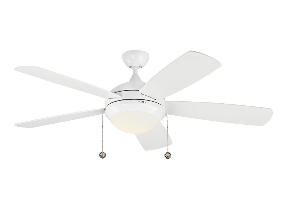Monte Carlo Fans-5DIC52WHD-V1-Discus Classic - 5 Blade Ceiling Fan with Pull Chain Control and Includes Light Kit in Modern Style - 52 Inches Wide by 15.1 Inches High White  Aged Pewter Finish with Light Grey Weathered Oak Blade Finish with Matte Opal Gla