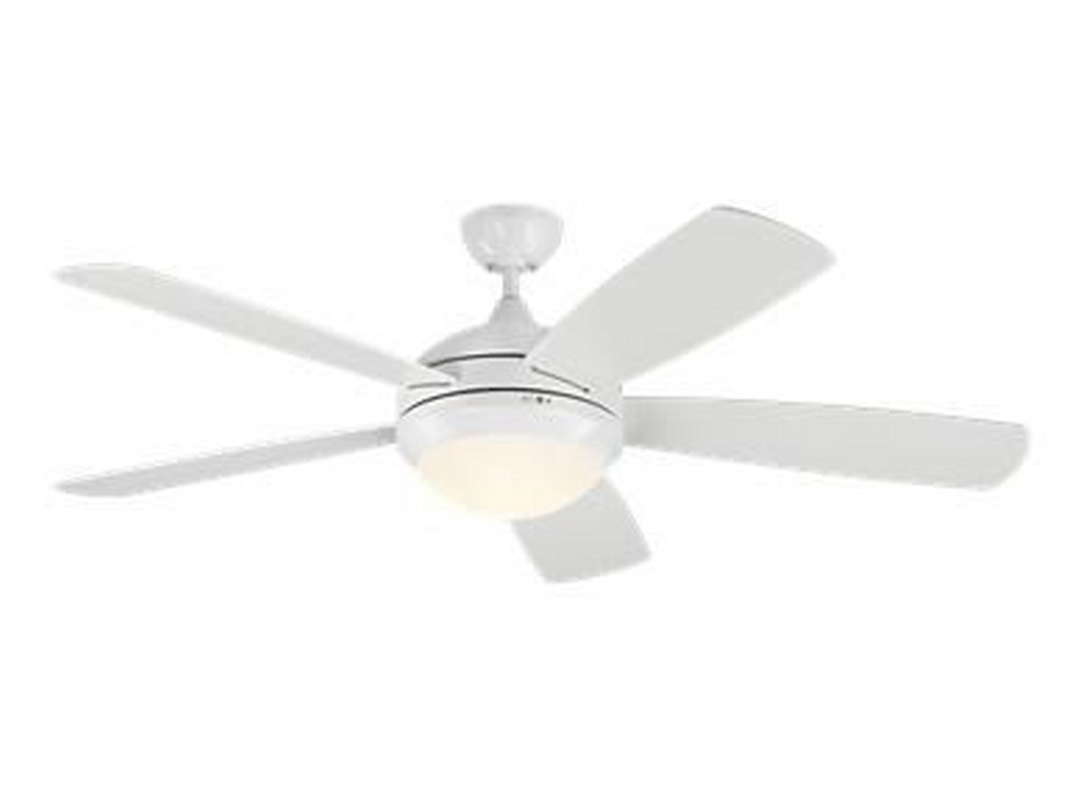 Monte Carlo Fans-5DISM52RZWD-Discus Classic Smart - 52 Inch 5 Blade Ceiling Fan with Light Kit Matte White  Aged Pewter Finish with Light Grey Weathered Oak Blade Finish with Matte Opal Glass