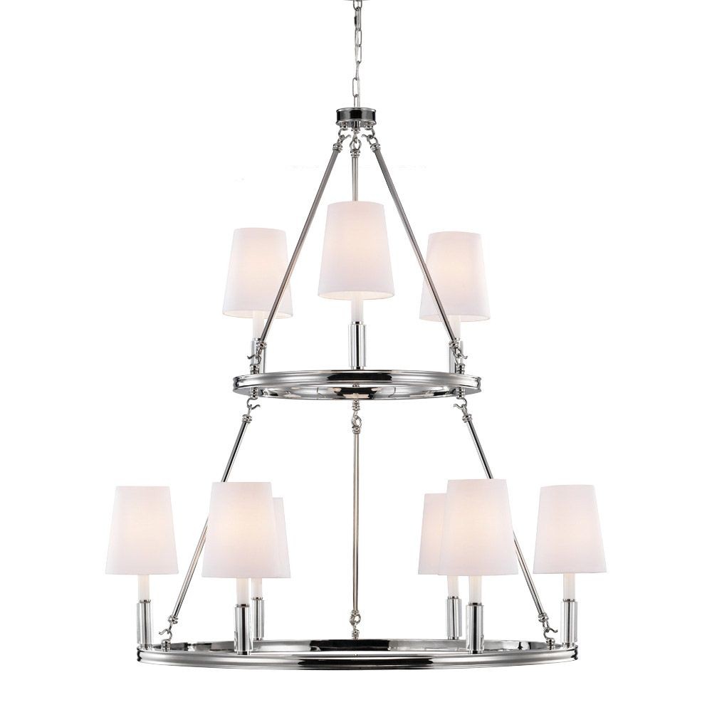 Feiss-F2937/3+6PN-Lismore - Chandelier 9 Light WhiteFabric in Crystals Style - 37.38 Inches Wide by 42.63 Inches High   Polished Nickel Finish with WhiteFabric Shade