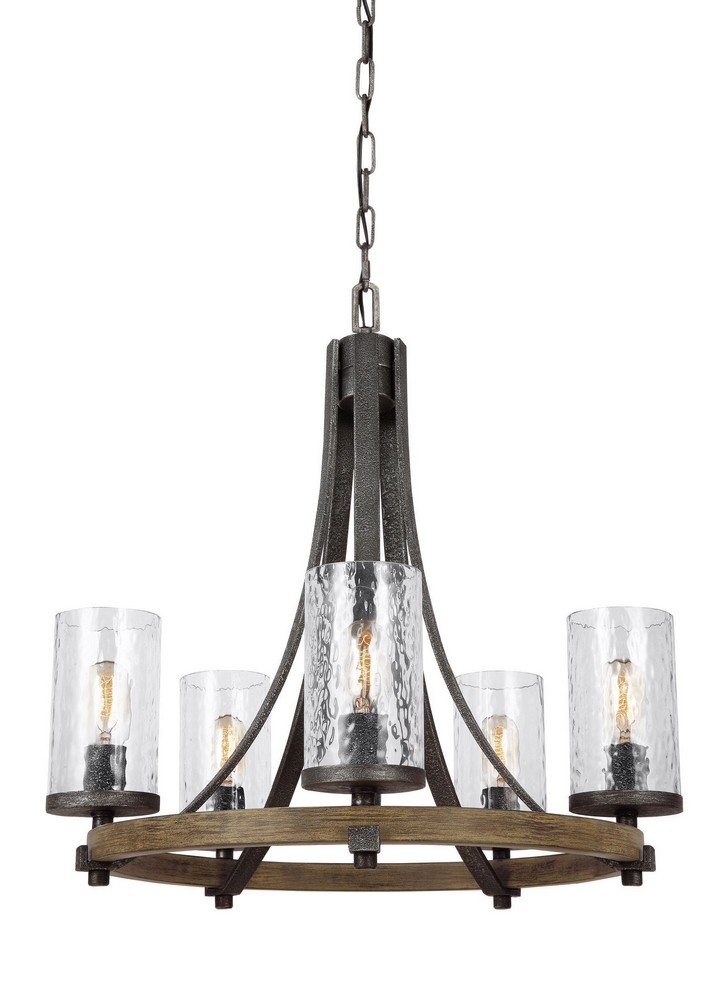 Feiss-F3133/5DWK/SGM-Angelo - Chandelier 5 Light Steel in Rustic Style - 24 Inches Wide by 24.5 Inches High   Distressed Weathered Oak/Slate Grey Metal Finish with Clear Glass
