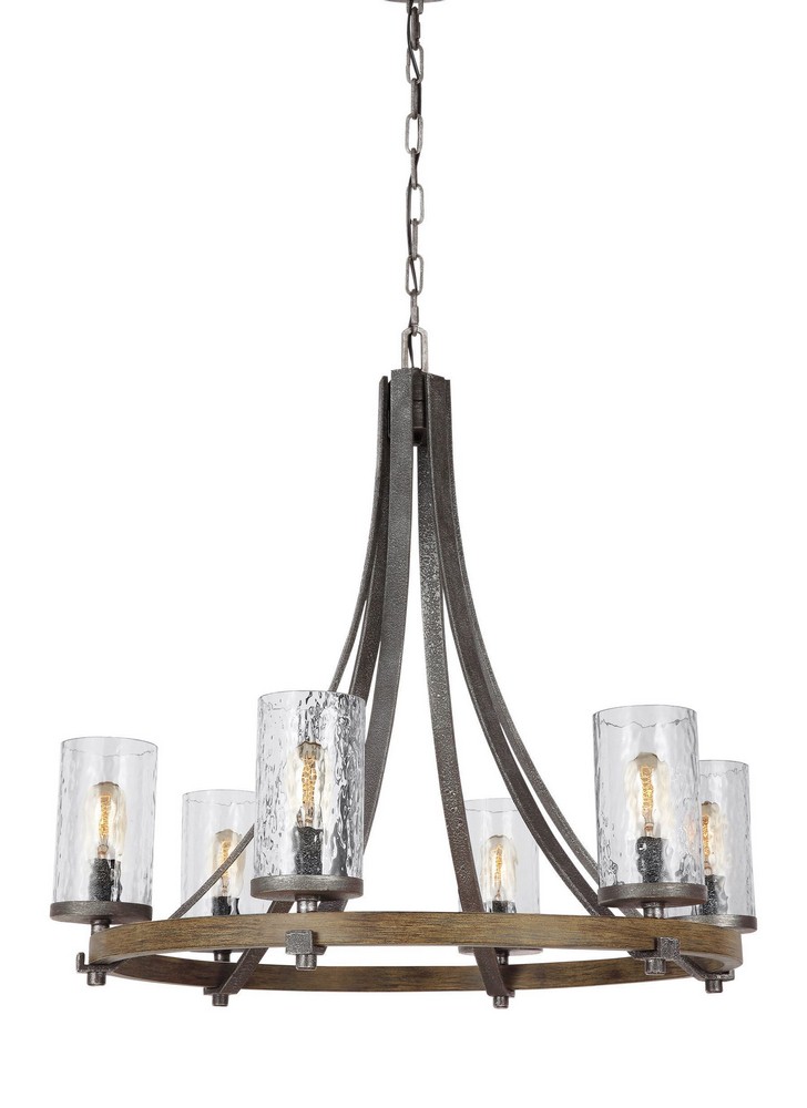 Feiss-F3134/6DWK/SGM-Angelo - Chandelier 6 Light Steel in Rustic Style - 30.5 Inches Wide by 29.5 Inches High   Distressed Weathered Oak/Slate Grey Metal Finish with Clear Glass