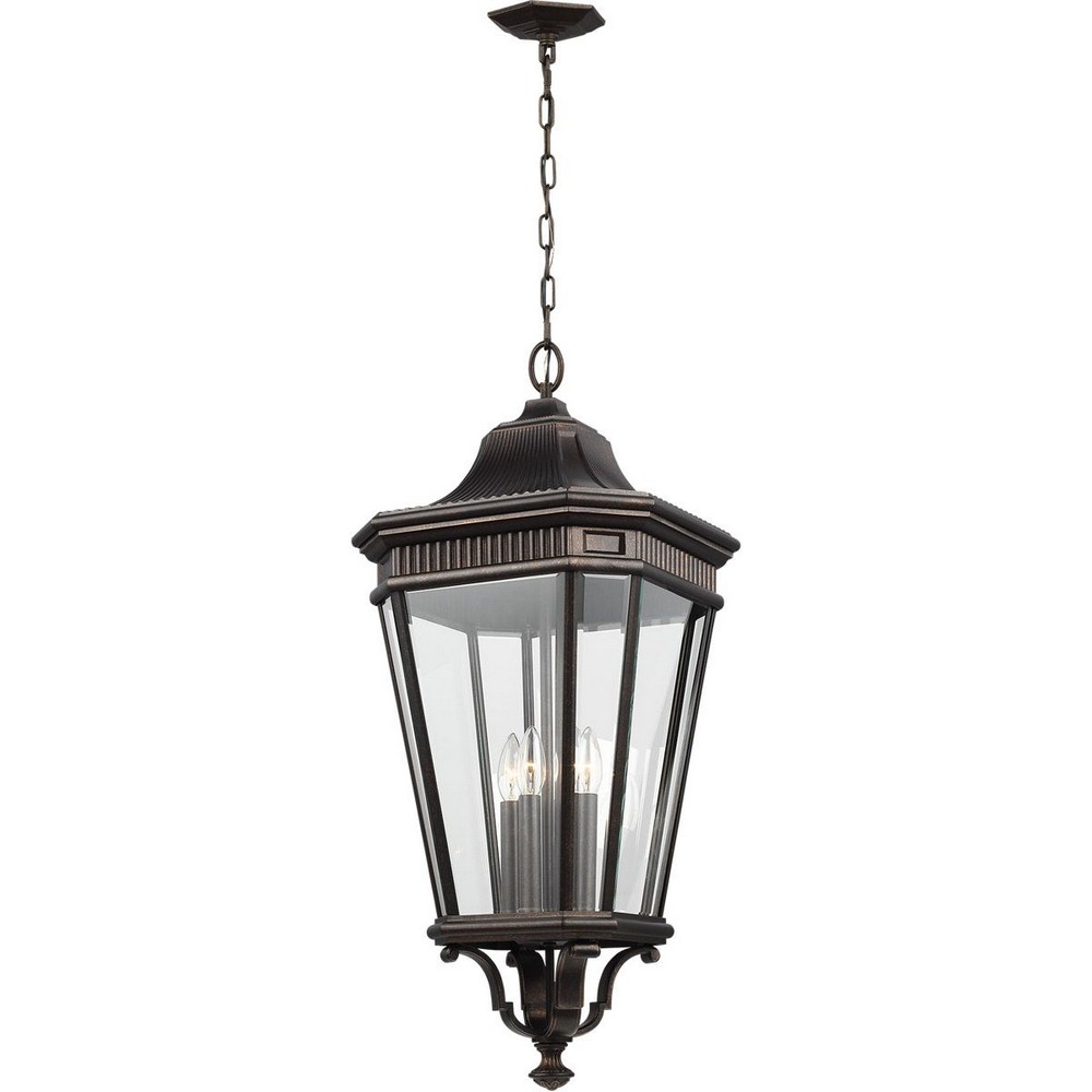 Feiss-OL5414GBZ-Cotswold Lane - Four Light Outdoor Hanging Lantern in Traditional Style - 13.63 Inches Wide by 31 Inches High   Grecian Bronze Finish with Clear Beveled Glass