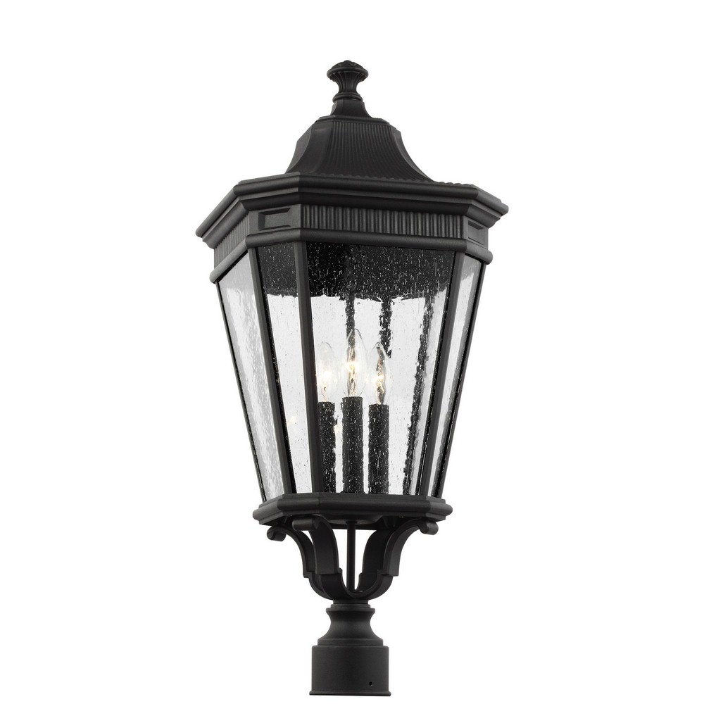 Feiss-OL5428BK-Cotswold Lane - Three Light Outdoor Post Lantern in Traditional Style - 12 Inches Wide by 27.38 Inches High   Black Finish with Clear Seeded Glass