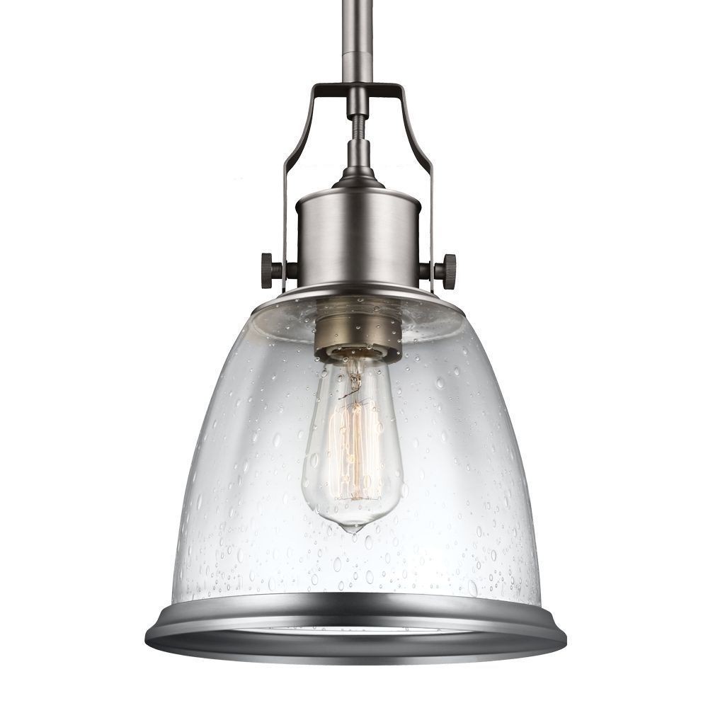 Feiss-P1355SN-Hobson - Pendant 1 Light in Transitional Style - 9.5 Inches Wide by 14.13 Inches High   Satin Nickel Finish with Clear Seeded Glass