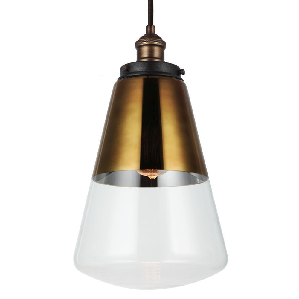 Feiss-P1373PAGB/DWZ-Waveform - Pendant 1 Light in Modern Style - 9.75 Inches Wide by 17 Inches High   Painted Aged Brass/Dark Weathered Zinc Finish with Gold Vacuum Plated Glass